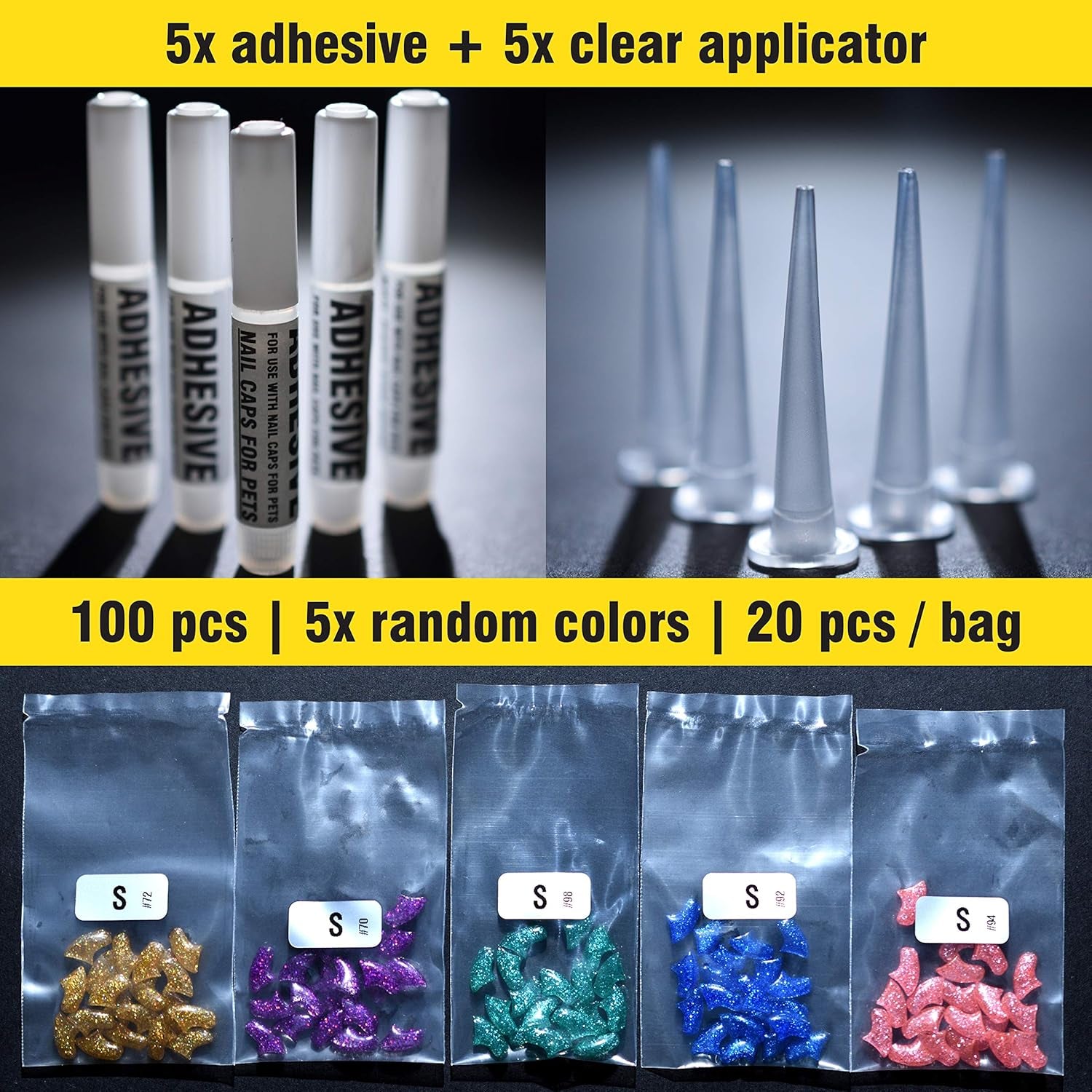 Cat Nail Caps | Cat Claw Covers | with Adhesives and Applicators (S, 5X Glitter Random Colors | 100 Pcs)