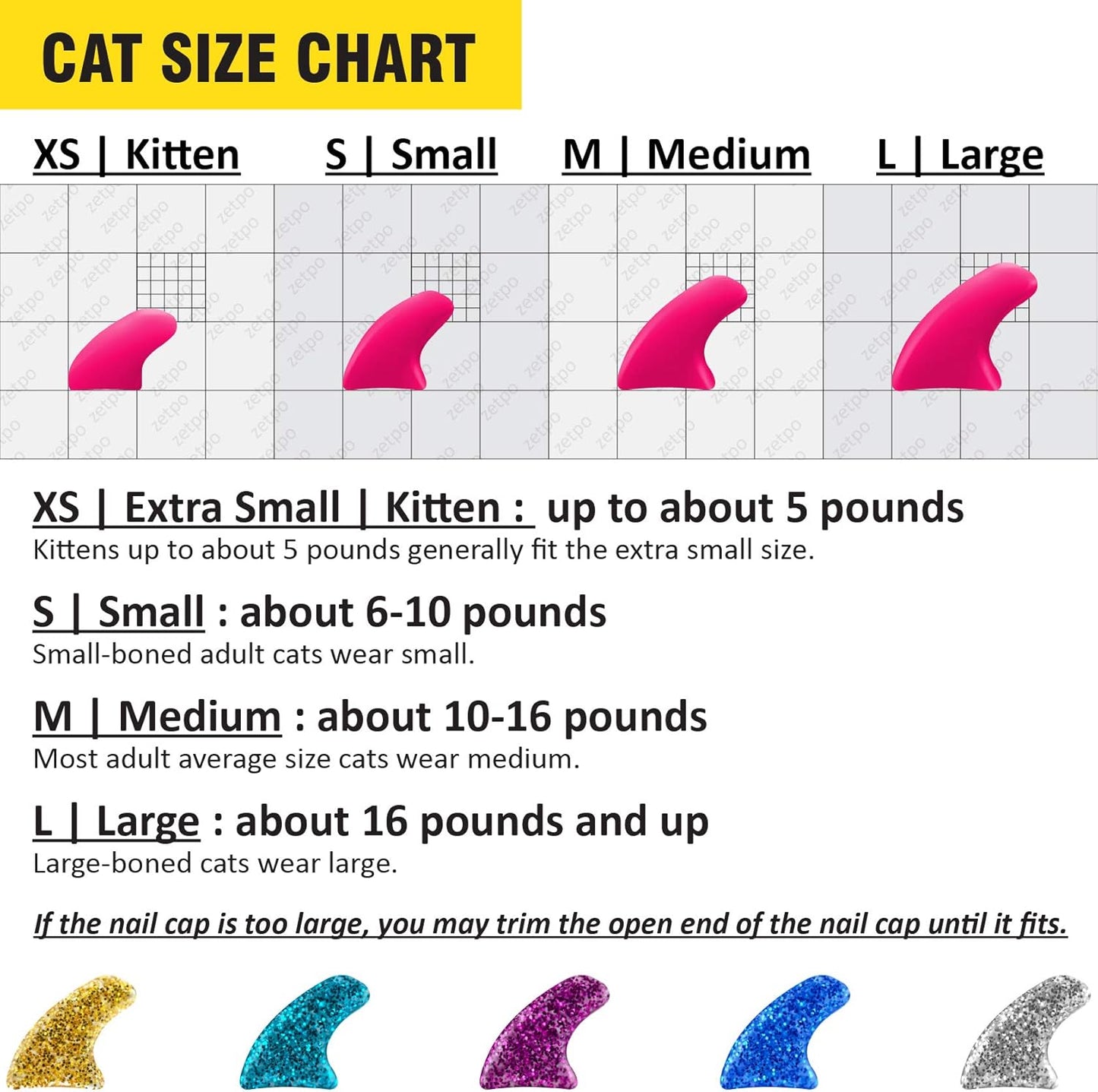 Cat Nail Caps | Cat Claw Covers | with Adhesives and Applicators (S, 5X Glitter Random Colors | 100 Pcs)
