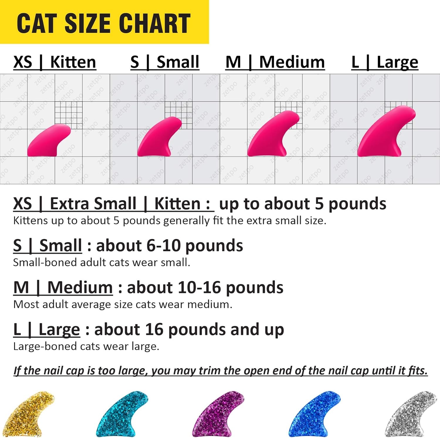 Cat Nail Caps | Cat Claw Covers | with Adhesives and Applicators (S, 5X Glitter Random Colors | 100 Pcs)